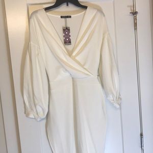 Brand New White Deep V-Neck Midi Dress